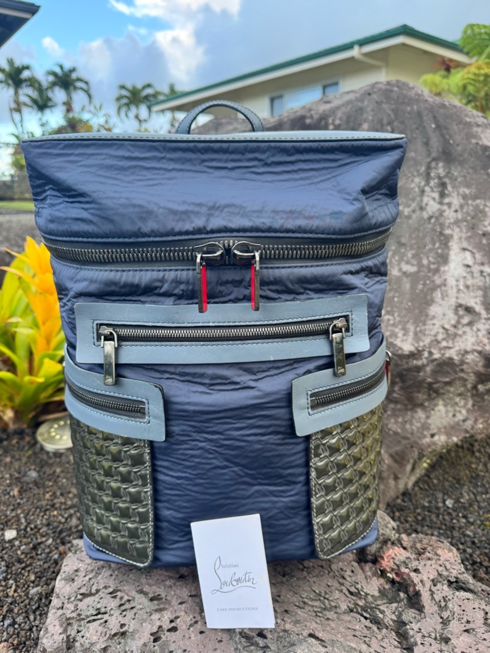 Christian Louboutin Apoloubi Blue Nylon & Leather Textured Backpack - Picture 3 of 16